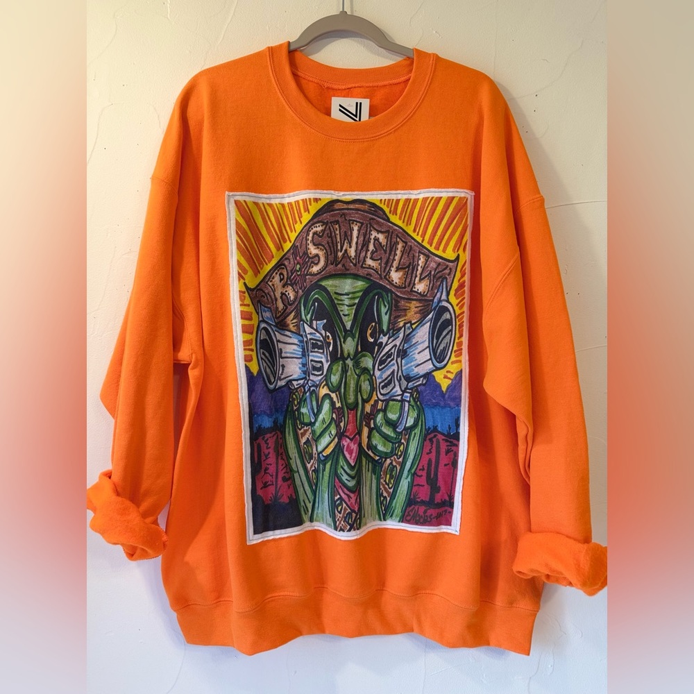 NWT OOAK UPCYCLED ROSWELL ALIEN TEE ON NEON ORANGE SWEATSHIRT SZ 2XL